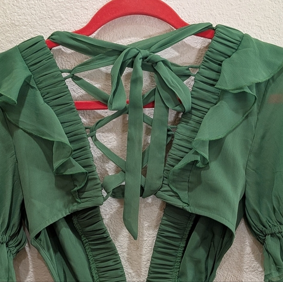 NWT ASOS DESIGN Green Ruffle Cutout Mini Dress Open Back Size US 4 Tiered Skirt - Picture 8 of 13